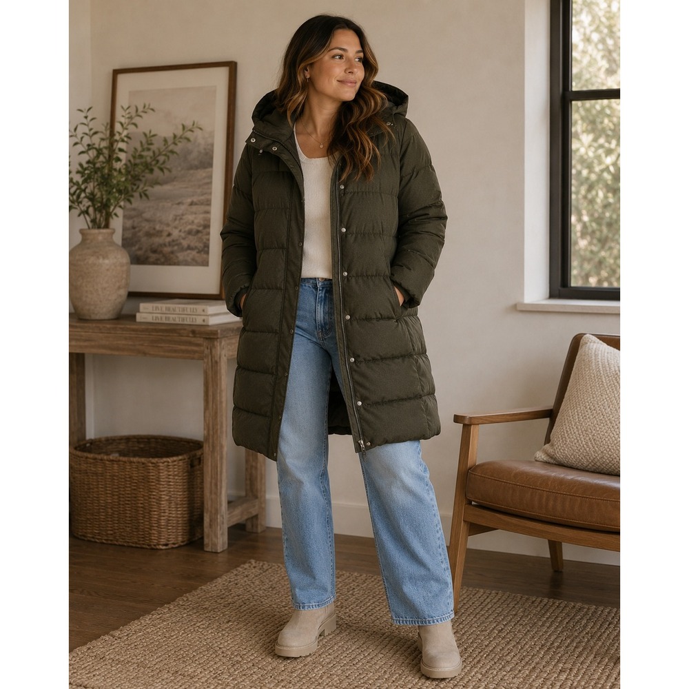 MNG Mango Jacket Womens XS Green Puffer Herringbone Hooded Parka Winter